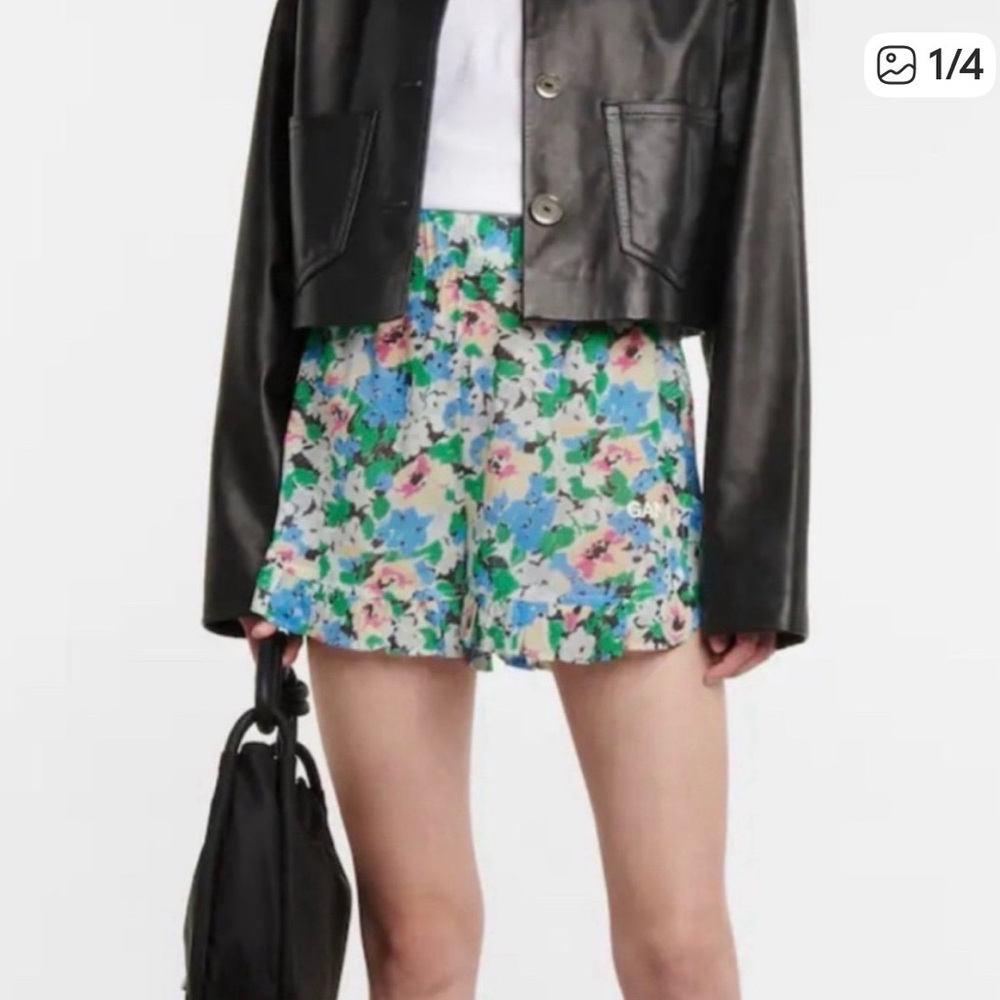 Ganni High Waist Floral Shorts - Blue, Green, Pink
